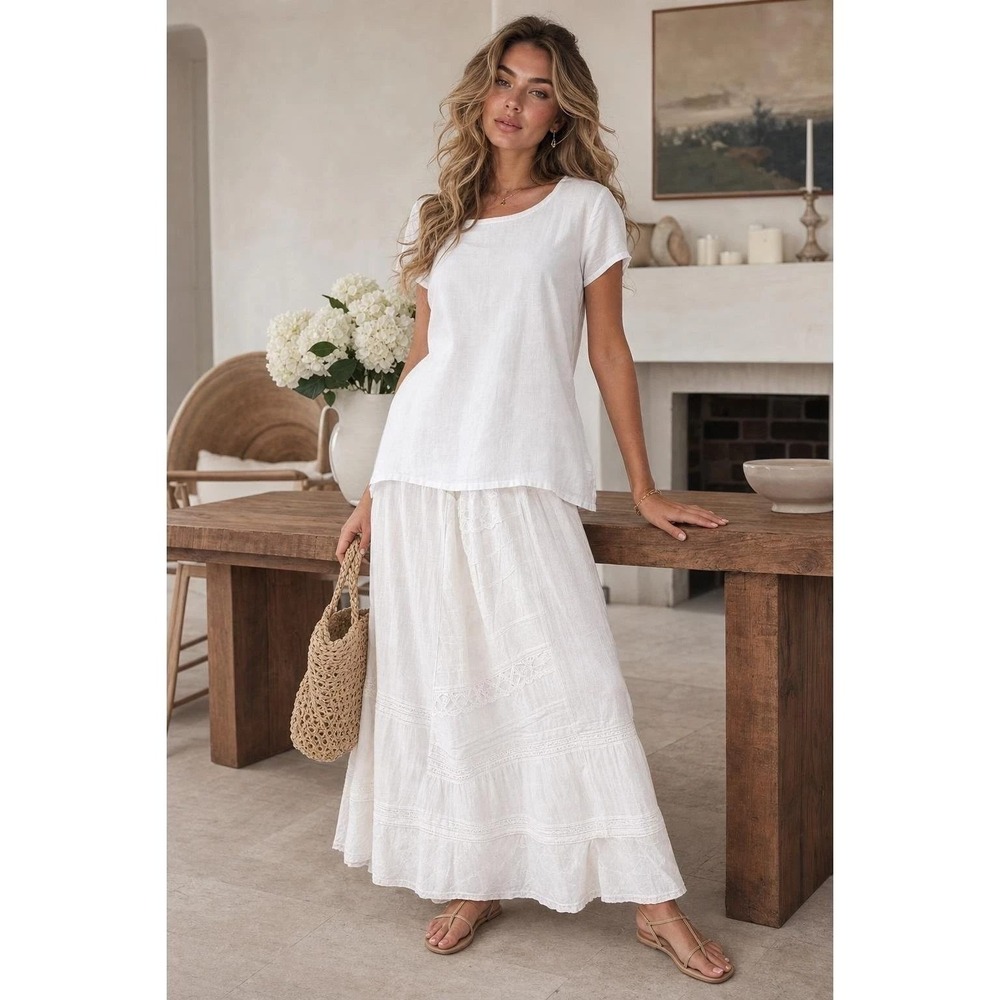 Flax Womens White 100% Linen Button Back Short Sleeve Oversized Blouse Top Large